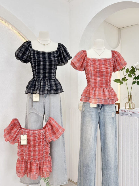 Plaid Pattern Puff Sleeve Top